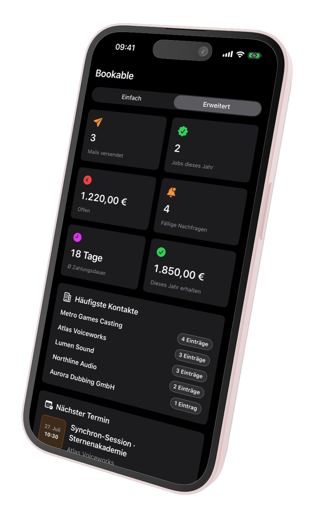 Bookable Dashboard in einem pinkfarbenen iPhone