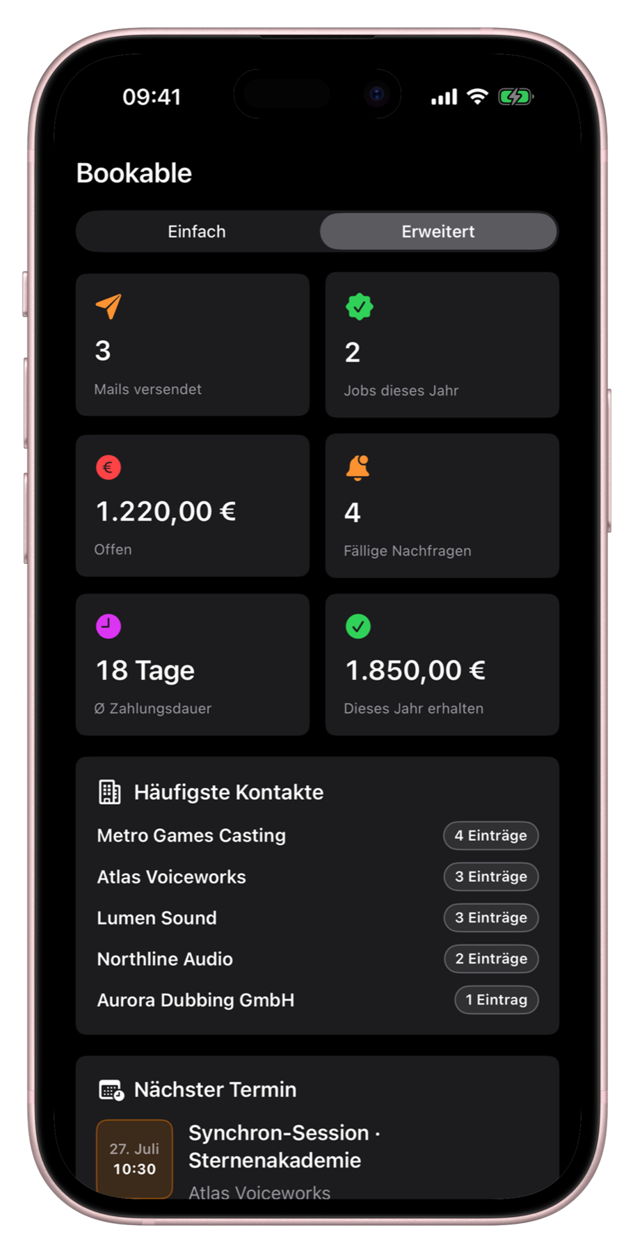 Erweitertes Bookable Dashboard in einem iPhone