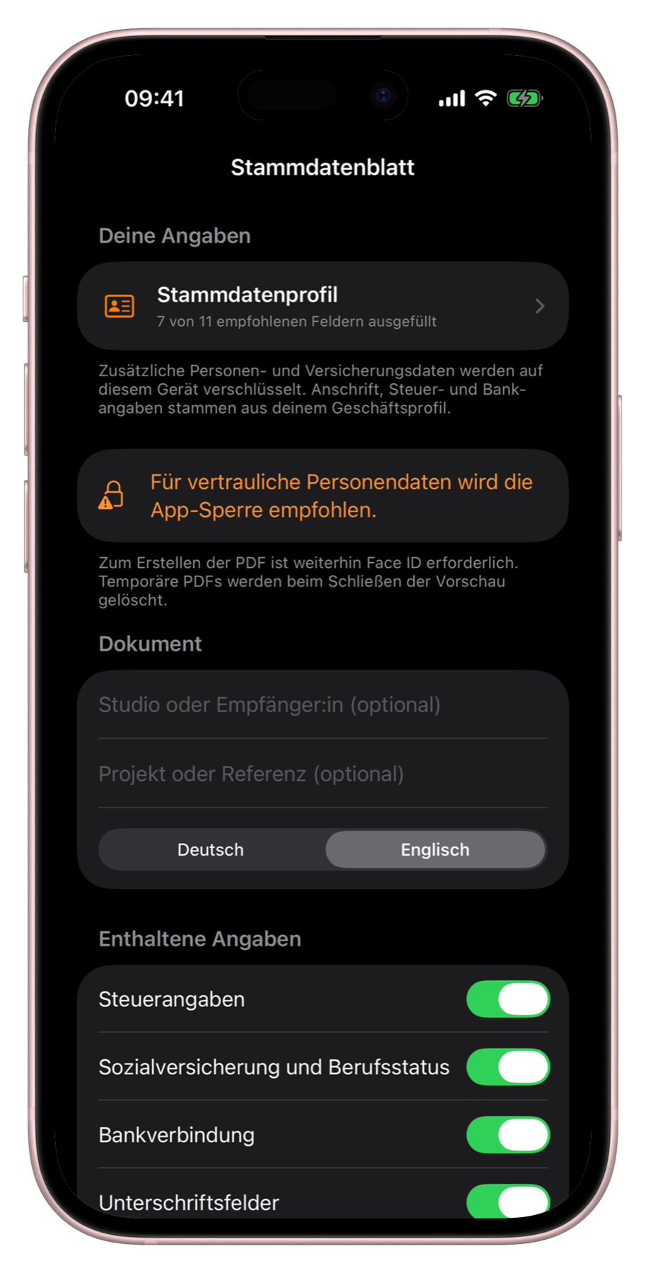 Stammdatenblatt-Generator in Bookable in einem iPhone