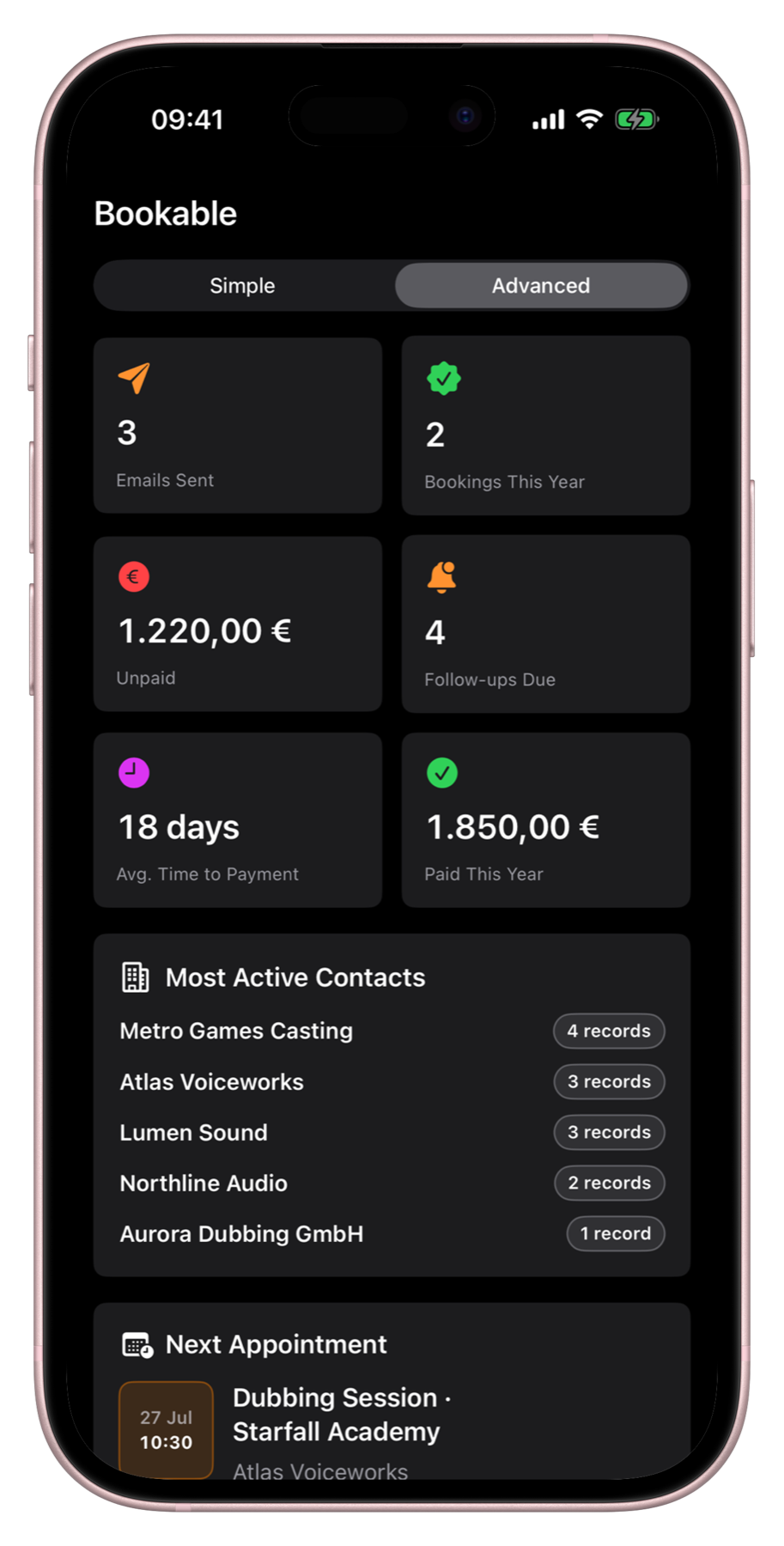 Advanced Bookable dashboard shown in an iPhone