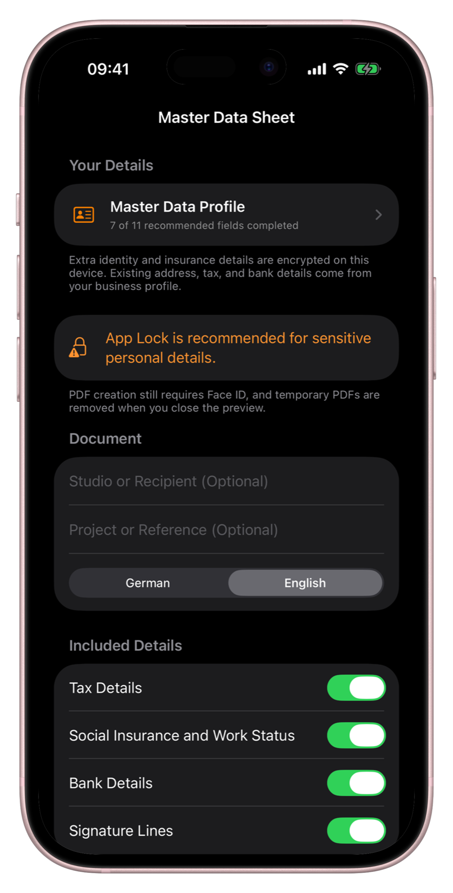 Master Data Sheet generator in Bookable shown in an iPhone