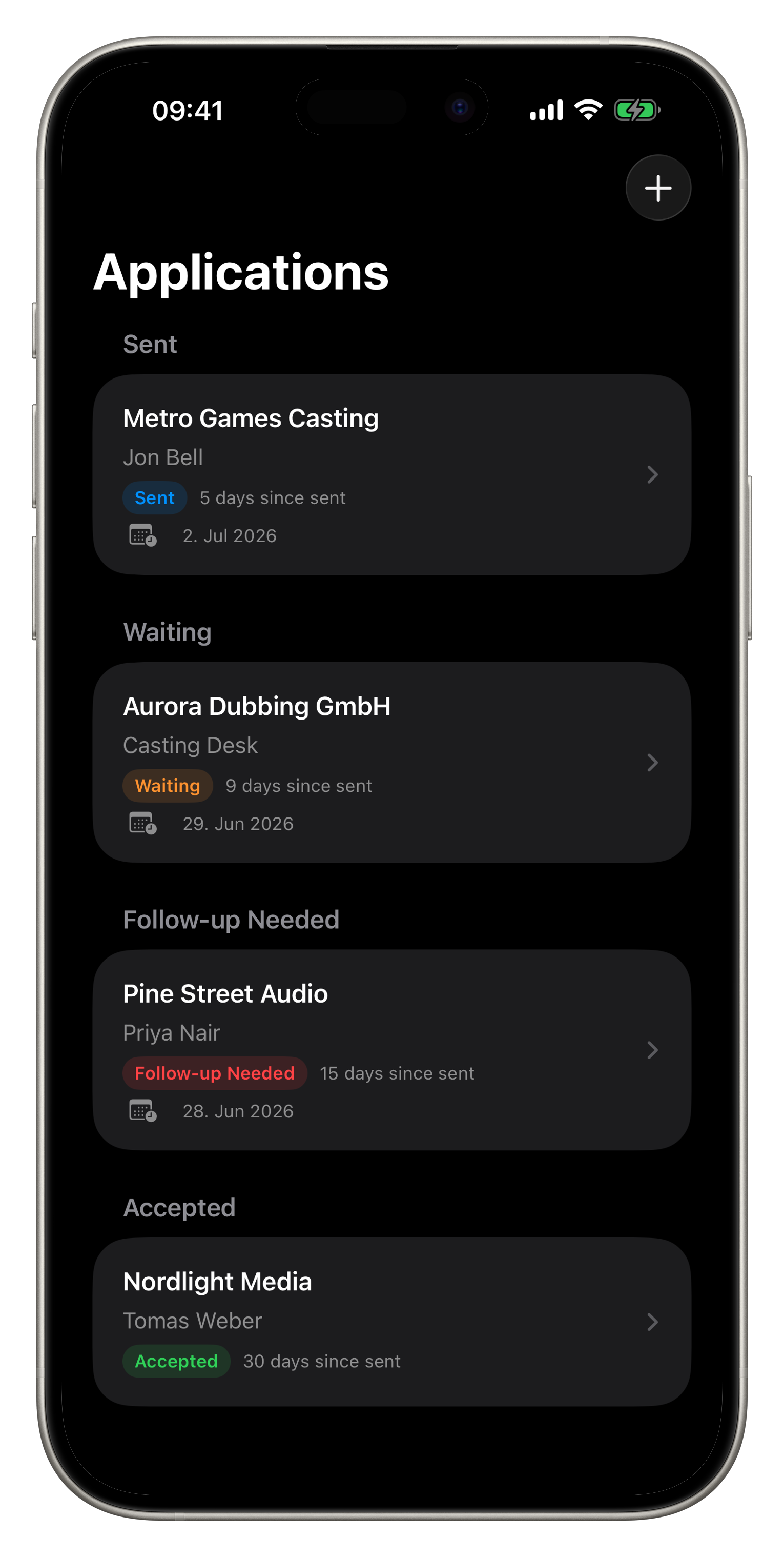 Application and audition statuses in Bookable