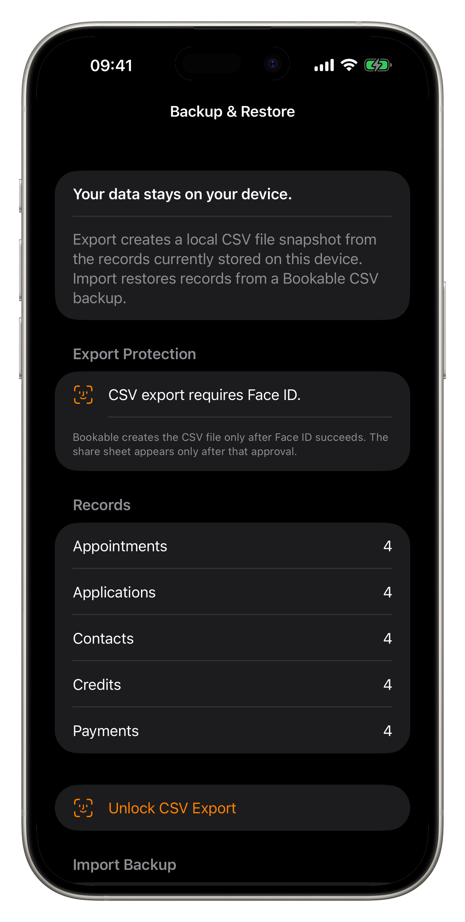 Privacy and export screen in Bookable